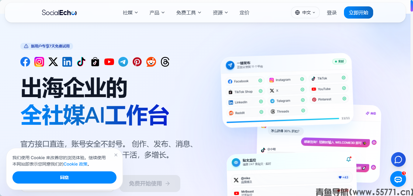 SocialEcho网站页面截图-青鱼导航